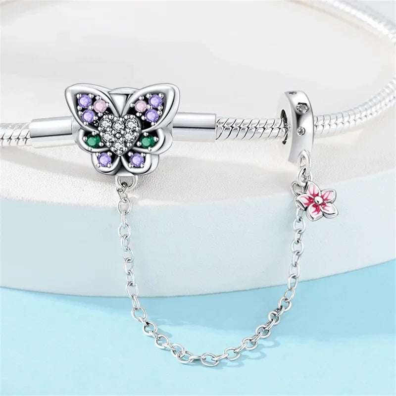 Ethereal Butterfly Sterling Silver Charm Bracelet With Safety Chain Bracelets