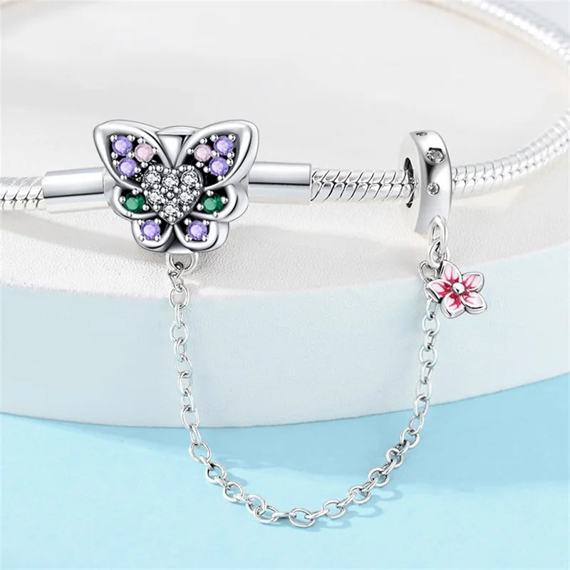Ethereal Butterfly Sterling Silver Charm Bracelet With Safety Chain - Bracelets