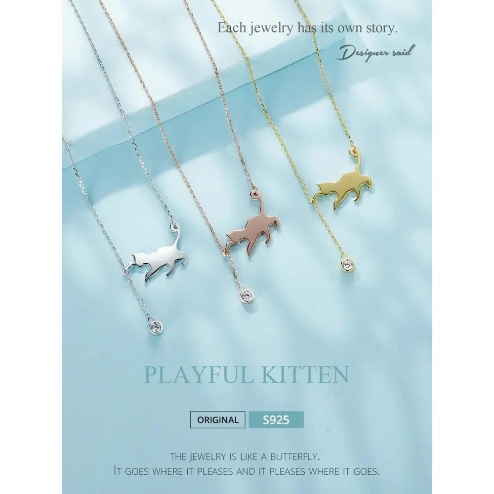 Breathtaking 925 Sterling Silver Cat Necklace | Elegant Pendant Collarbone jewellery SCN232 in 3 Colors - Necklaces