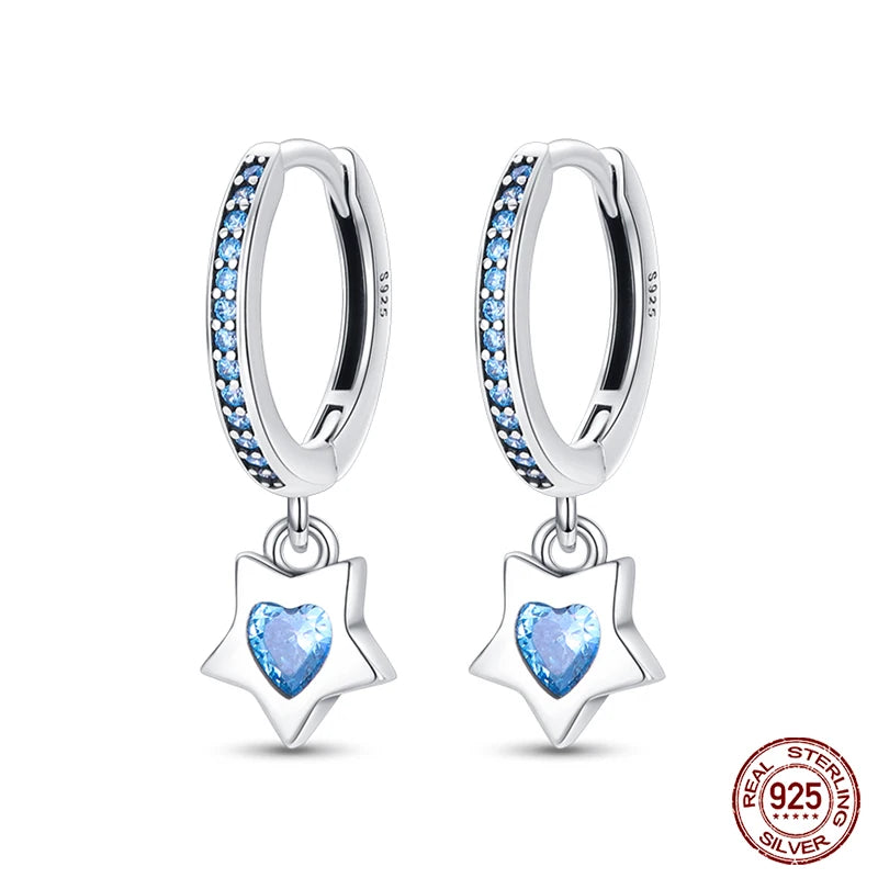 Celestial Charm Sterling Silver Hoop Earrings With Blue Star And Heart - Drop