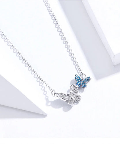 Soar with Style: Blue Zircon Korean Style Sterling Silver Butterfly Necklace - Necklaces