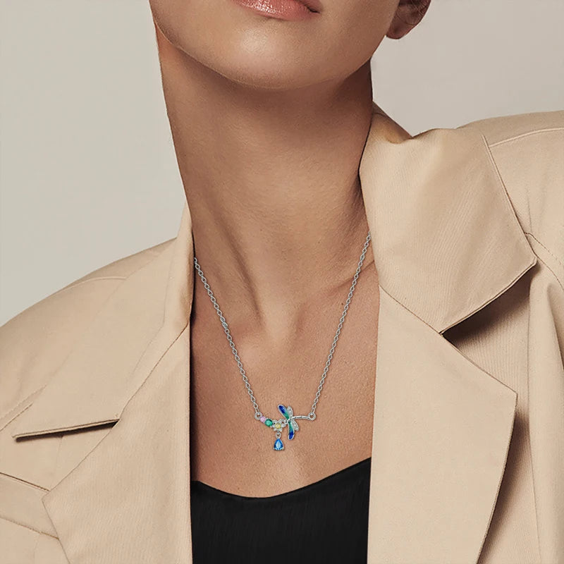 925 Sterling Silver Mystical Dragonfly Crystal Necklace - Necklaces