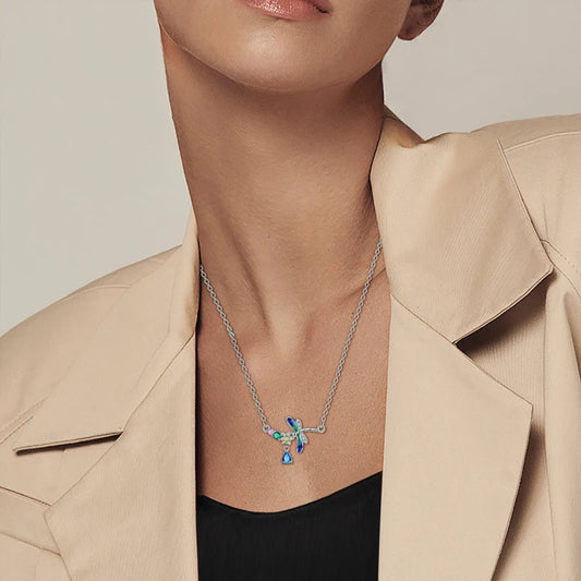 925 Sterling Silver Mystical Dragonfly Crystal Necklace - Necklaces