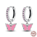 Charming Pink Butterfly Sterling Silver Hoop Earrings With Cubic Zirconia Drop