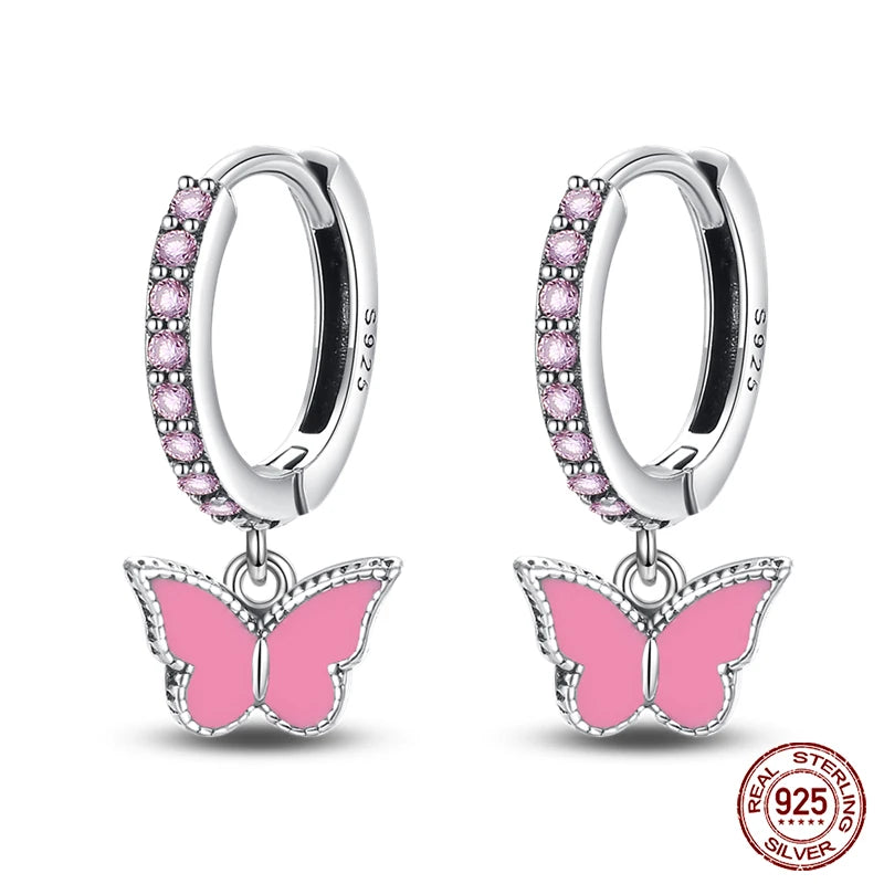Charming Pink Butterfly Sterling Silver Hoop Earrings With Cubic Zirconia - Drop
