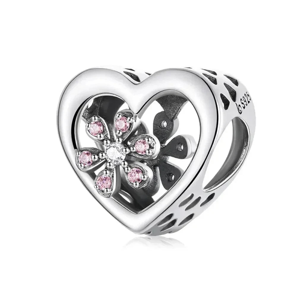 925 Sterling Silver DIY Heart Charm with Pink Zircon - BSC777 - Bsc570 - Charms