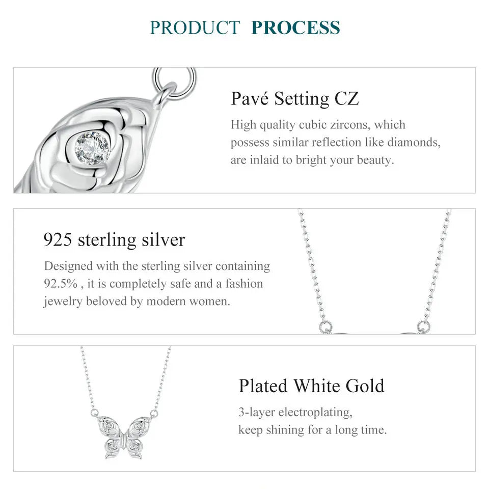 Romantic Elegance: Zircon White Gold Plated Rose Butterfly Sterling Silver Necklace - Necklaces