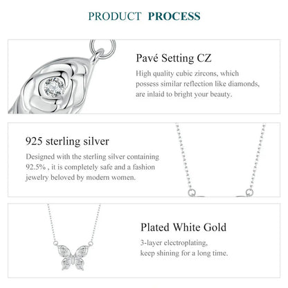 Romantic Elegance: Zircon White Gold Plated Rose Butterfly Sterling Silver Necklace - Necklaces