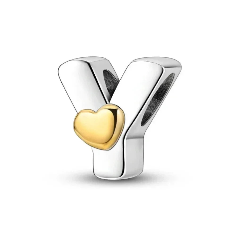 Personalize Your Bracelet: 925 Silver Alphabet Bead with Gold Heart - Y - Charms