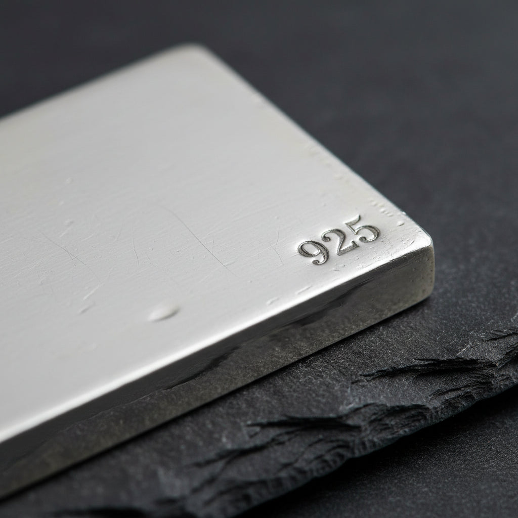 Silver bar with '925' stamp on a dark surface