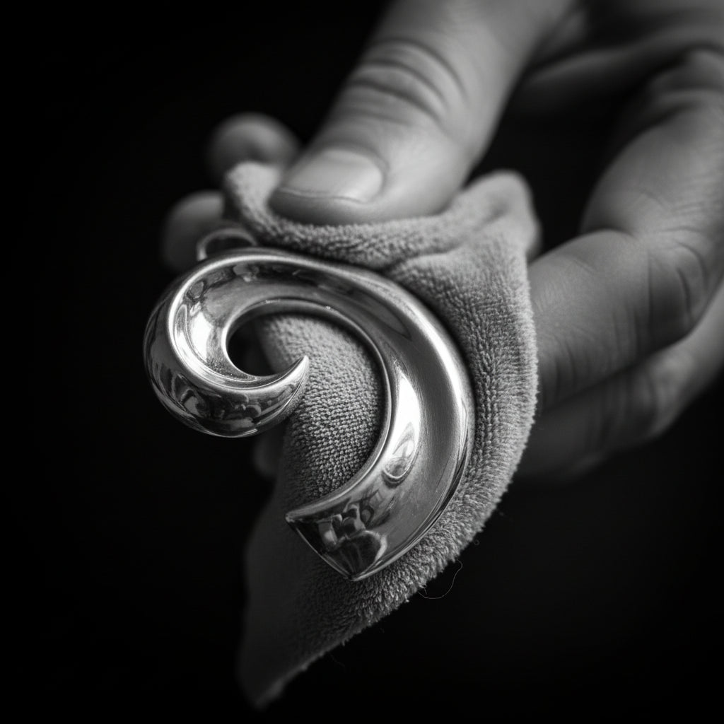 Silver crescent moon pendant held by a hand on a dark background