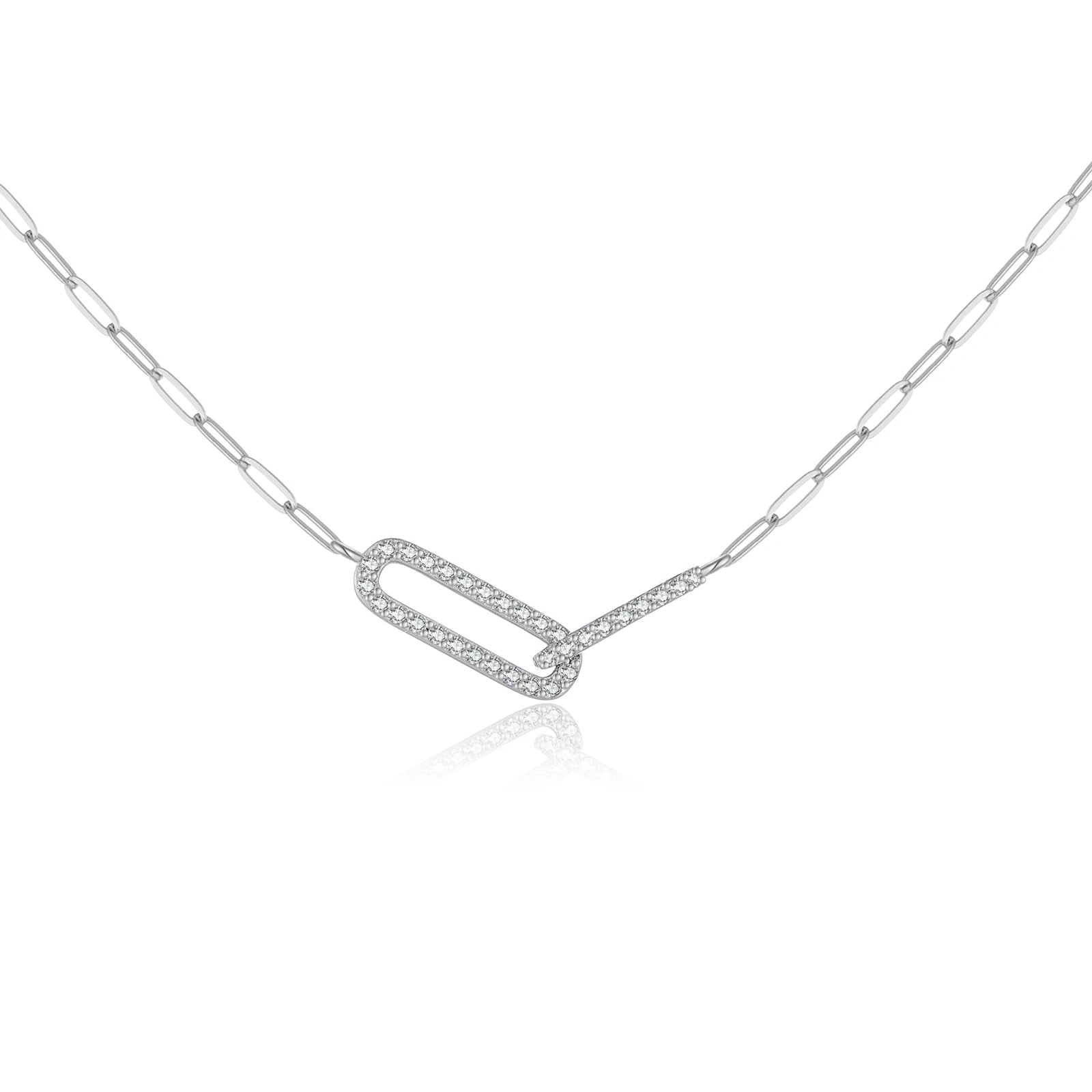 Silver necklace with a small pendant on a white background