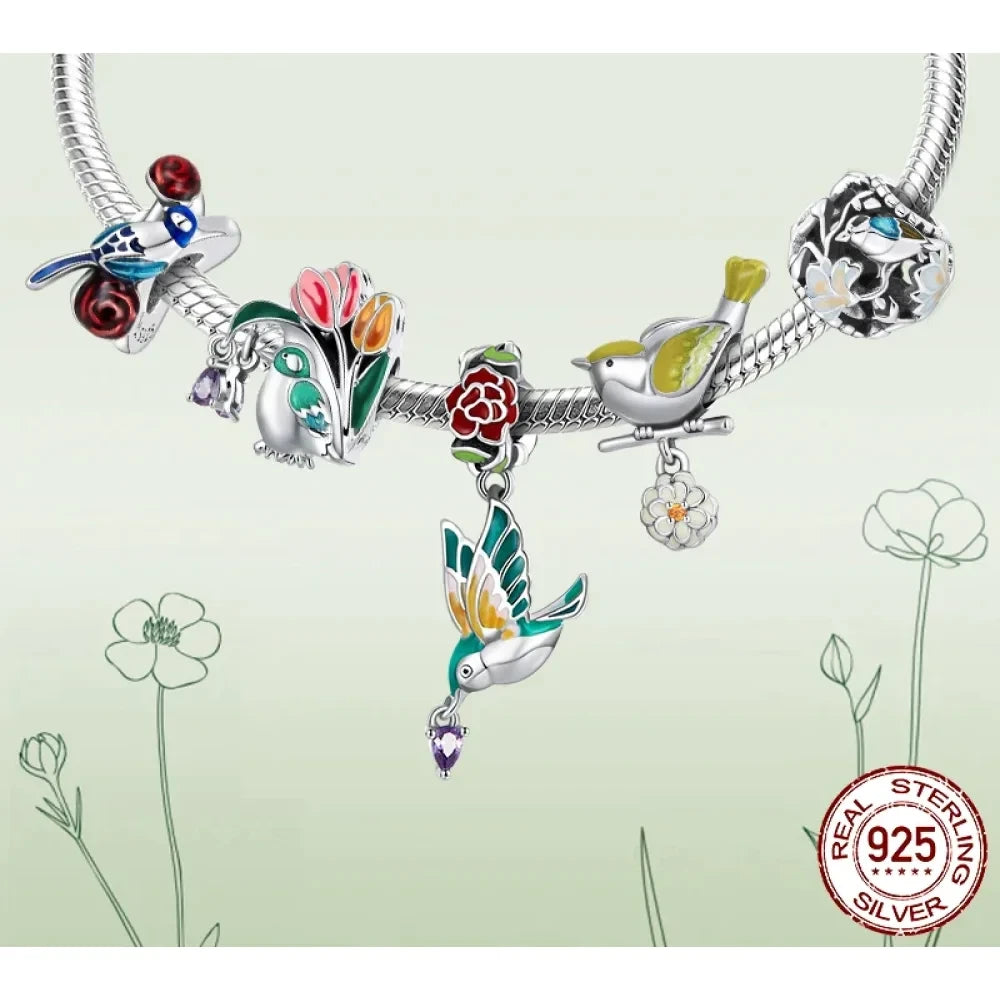 Springtime Charm - Sterling Silver Flower & Bird Pendant for Bracelets - Charms