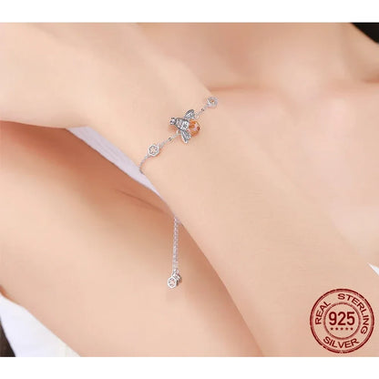 Sterling Silver Dancing Bee Bracelet with Crystal - Women’s Chain Link - Bracelets