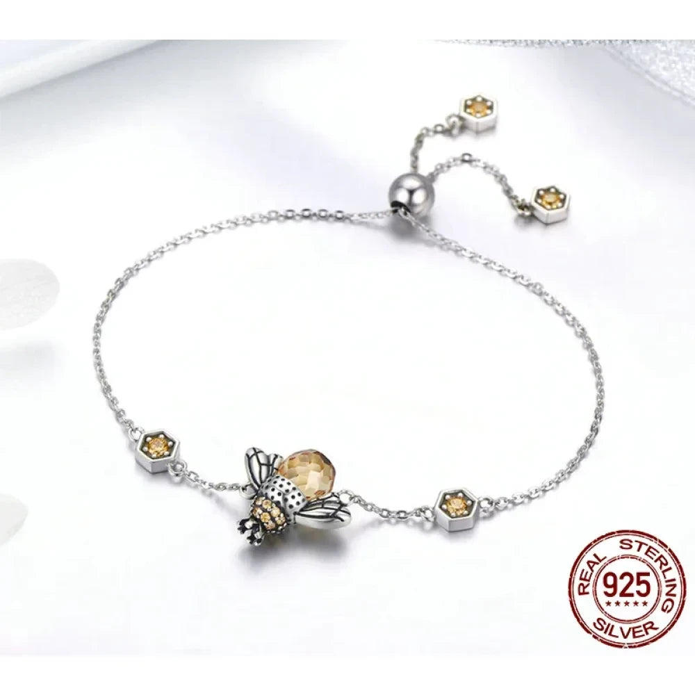 Sterling Silver Dancing Bee Bracelet with Crystal - Women’s Chain Link - Bracelets