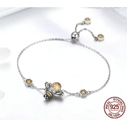 Sterling Silver Dancing Bee Bracelet with Crystal - Women’s Chain Link - Bracelets