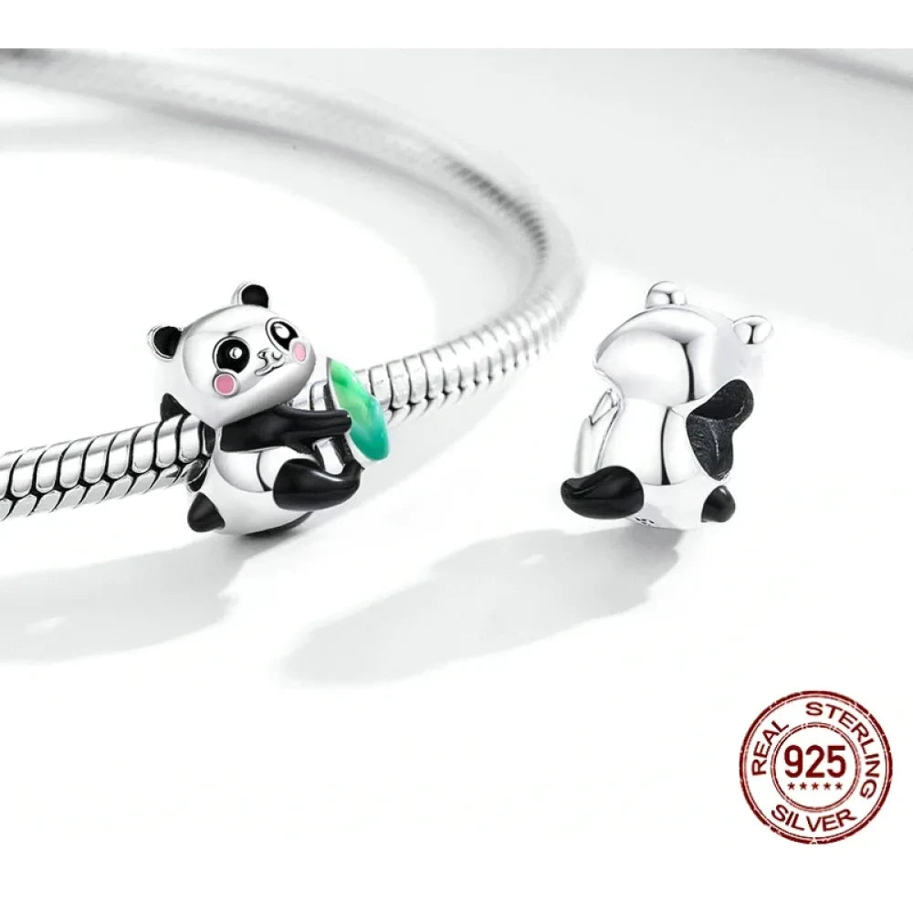 Sterling Silver Panda Charm with Bamboo - Compatible Bracelets - Charms