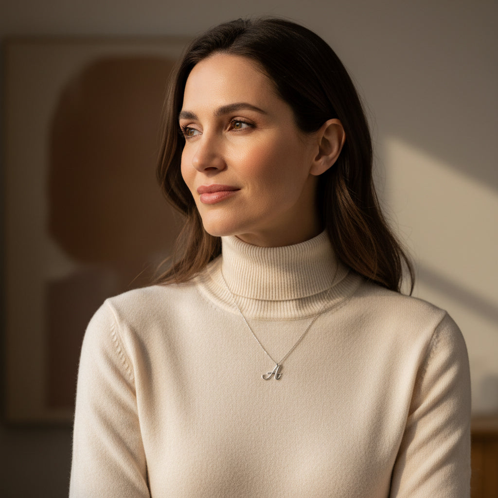 Woman wearing a beige turtleneck sweater with a necklace, standing indoors.