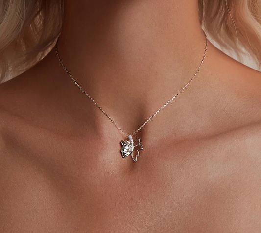 Autumn Elegance: White Gold Plated Sterling Silver Leaf Butterfly Necklace - Pendant Necklaces