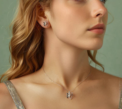 Autumn Elegance: White Gold Plated Sterling Silver Leaf Butterfly Necklace - Pendant Necklaces