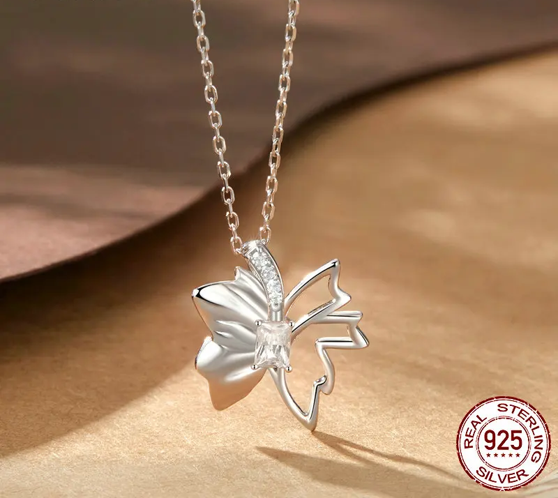 Autumn Elegance: White Gold Plated Sterling Silver Leaf Butterfly Necklace - Pendant Necklaces