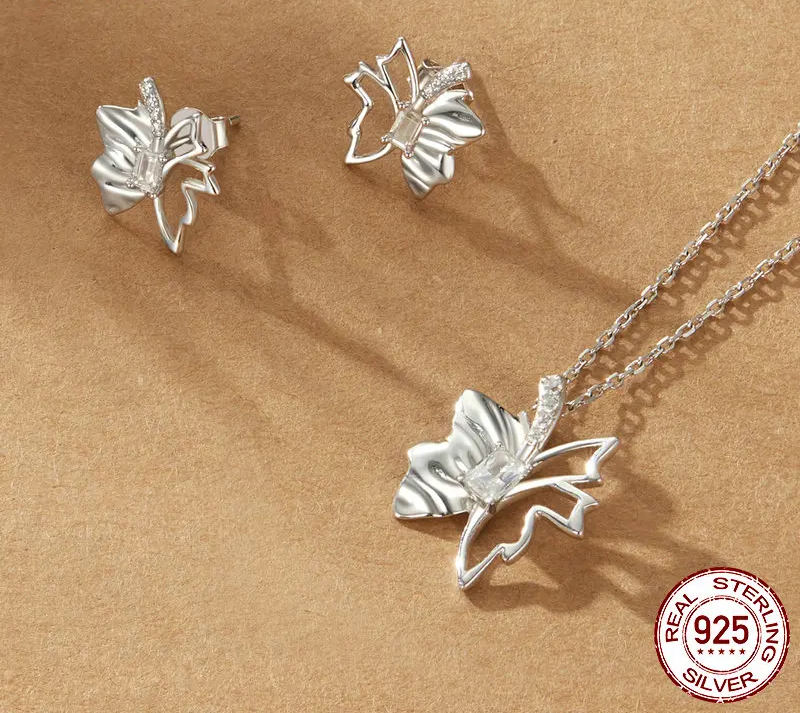 Autumn Elegance: White Gold Plated Sterling Silver Leaf Butterfly Necklace - Pendant Necklaces