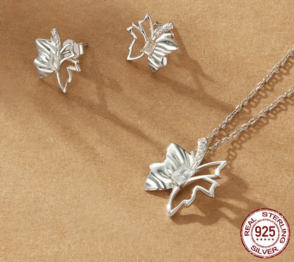 Autumn Elegance: White Gold Plated Sterling Silver Leaf Butterfly Necklace - Pendant Necklaces