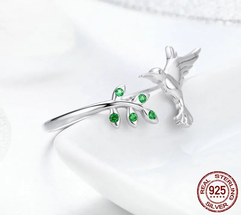 Springtime Elegance: Sterling Silver Tree Leaves & Bird Open Ring - Rings