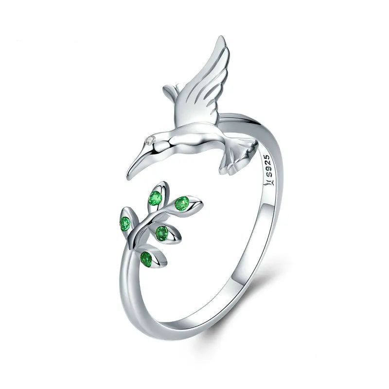 Springtime Elegance: Sterling Silver Tree Leaves & Bird Open Ring - Rings