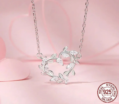 Infinite Love: White Gold Plated Leaves Heart Sterling Silver Necklace - Necklaces