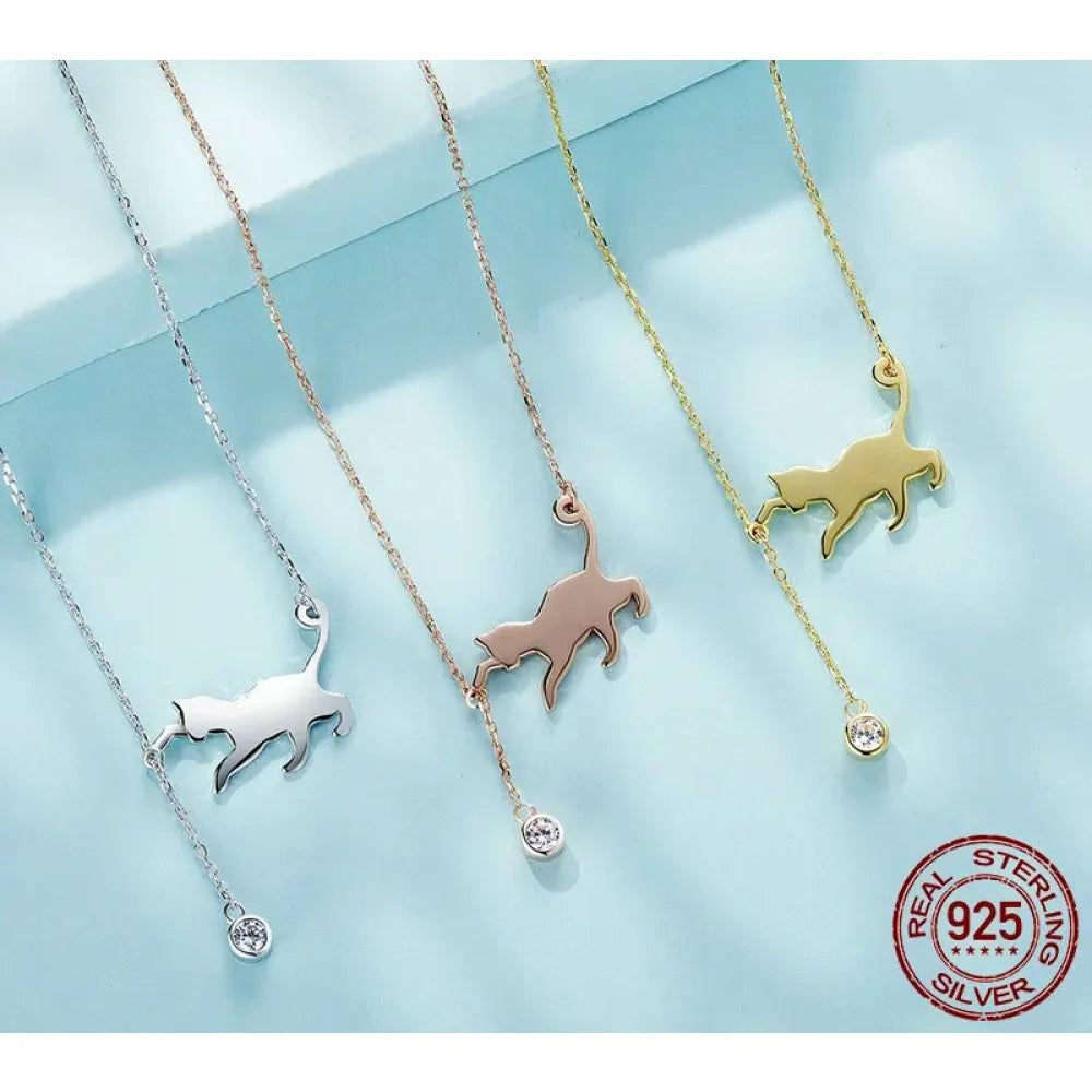 Breathtaking 925 Sterling Silver Cat Necklace | Elegant Pendant Collarbone jewellery SCN232 in 3 Colors - Necklaces