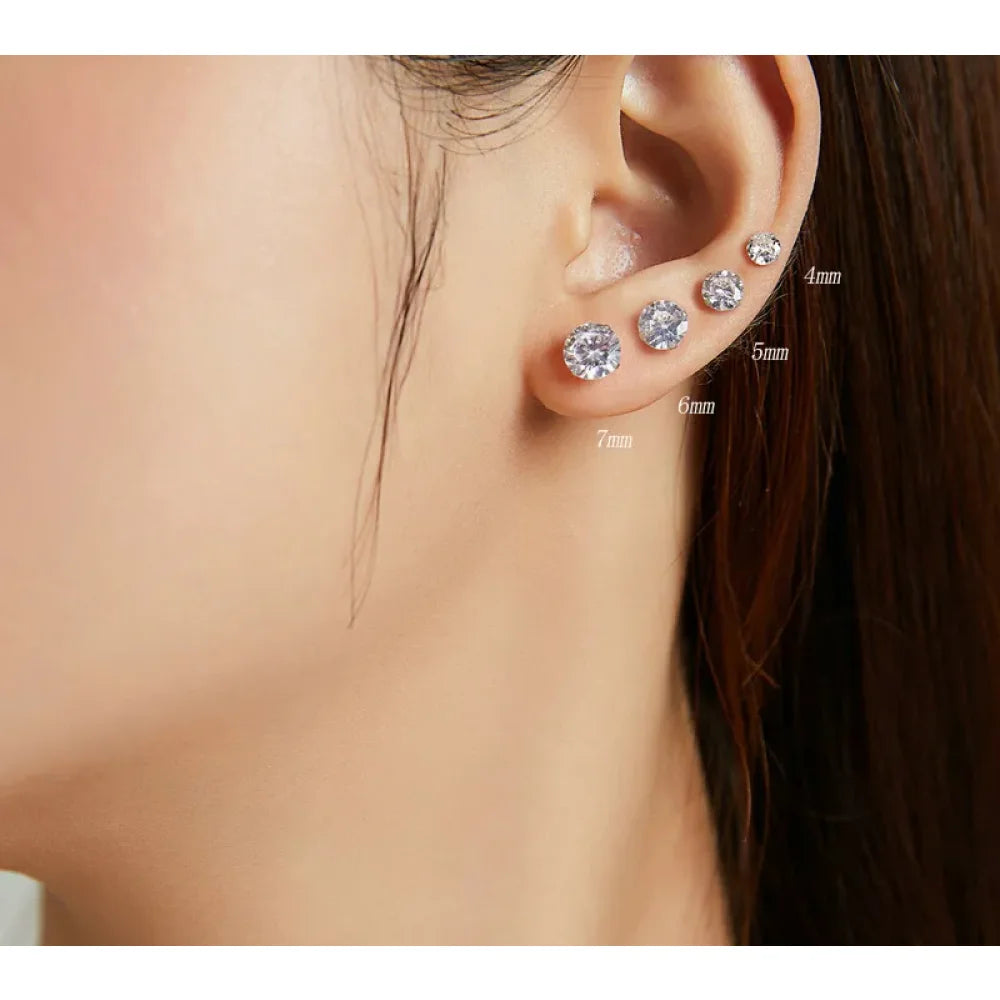 CZ Stud Earrings - 925 Sterling Silver Platinum Plated - Round Cubic Zirconia Hypoallergenic 4mm 5mm 6mm 7mm BSE166