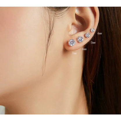 CZ Stud Earrings - 925 Sterling Silver Platinum Plated - Round Cubic Zirconia Hypoallergenic 4mm 5mm 6mm 7mm BSE166