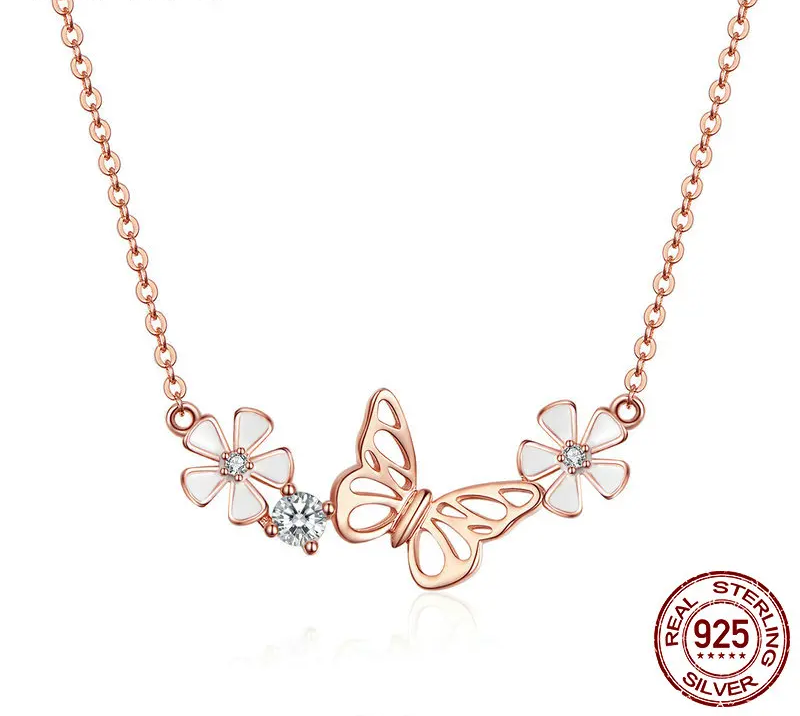 Delicate Beauty: Korean Style 925 Sterling Silver Butterfly and Flower Choker Necklace - Necklaces