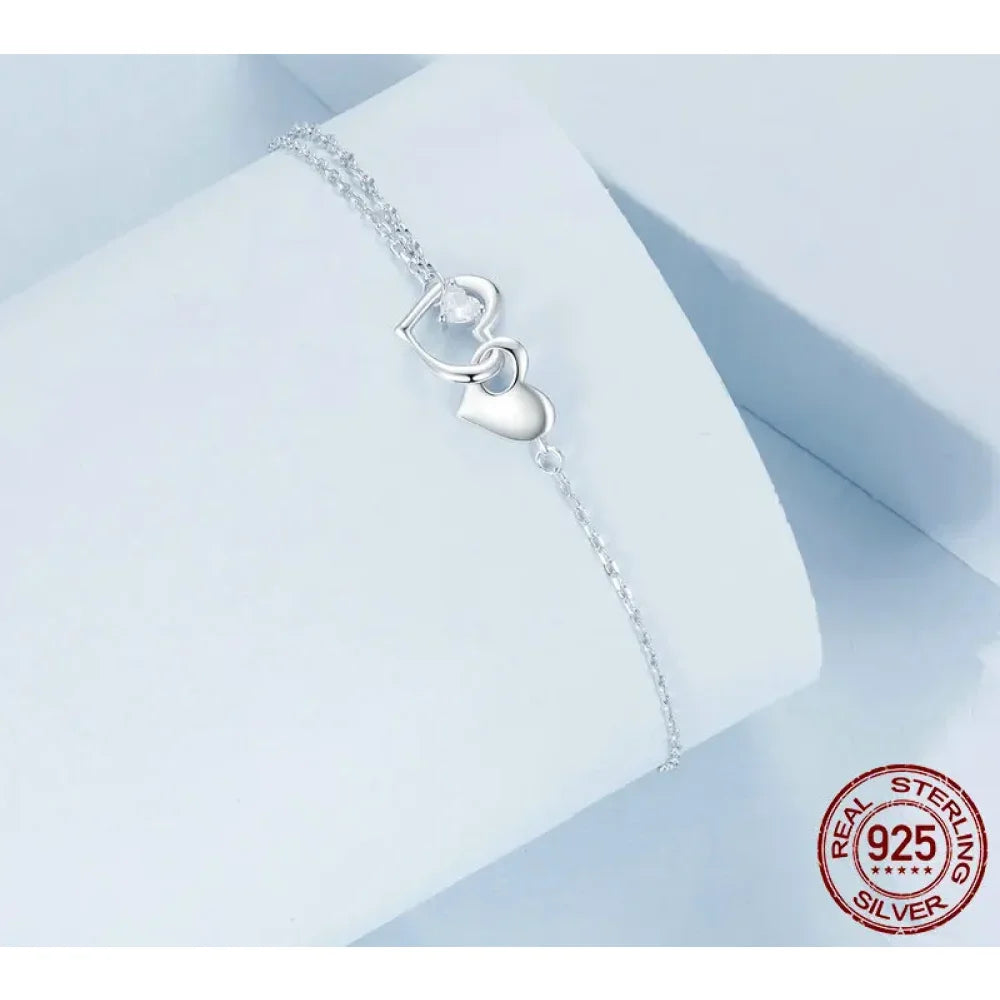 Double Hearts of Love - Sterling Silver Bracelet with Adjustable Chain - Bracelets