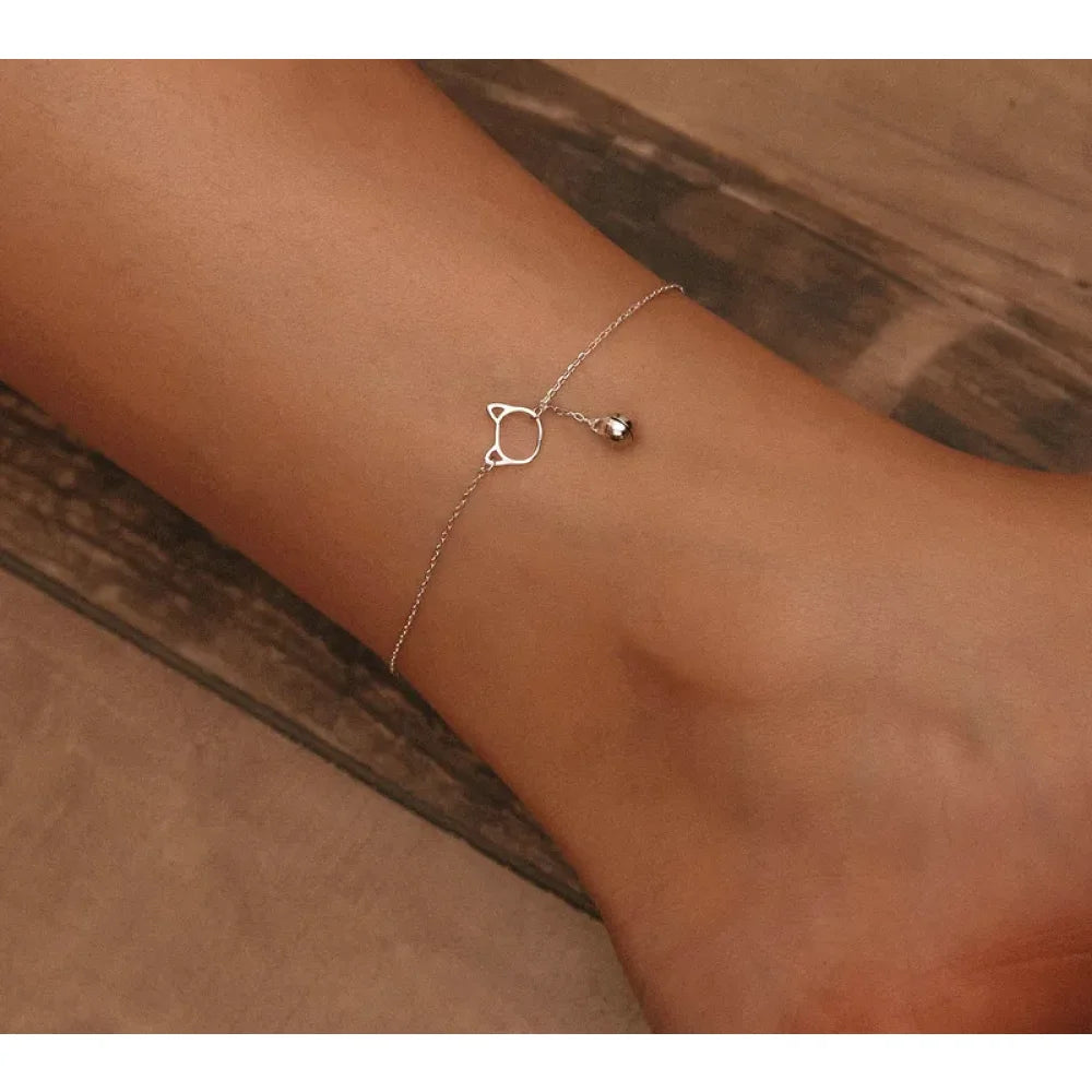 Elegant 925 Sterling Silver Bell and Cat Anklet for Women - SCT003 - Anklets