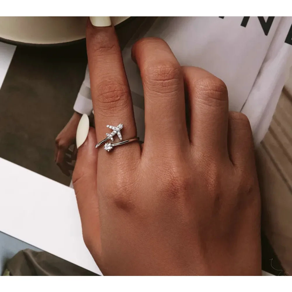Genuine 925 Sterling Silver Flying Plane Open Adjustable Ring with Clear CZ - Fine jewellery - Rings