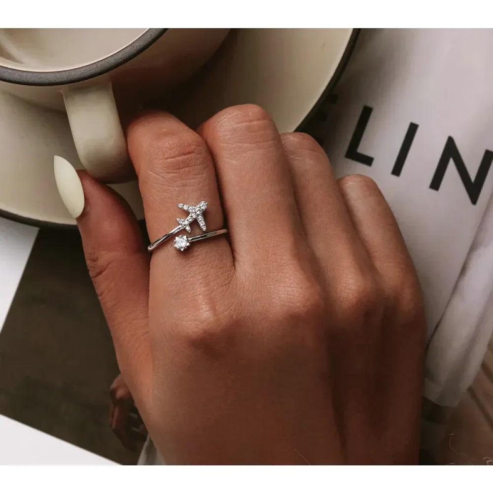 Genuine 925 Sterling Silver Flying Plane Open Adjustable Ring with Clear CZ - Fine jewellery - Rings