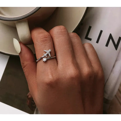 Genuine 925 Sterling Silver Flying Plane Open Adjustable Ring with Clear CZ - Fine jewellery - Rings