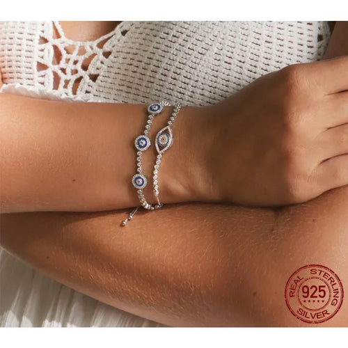 Genuine 925 Sterling Silver Luxury Evil Eye Tennis Bracelet Blue Cubic Zircon Crystal Accent Jewelry Scb002 Bracelets
