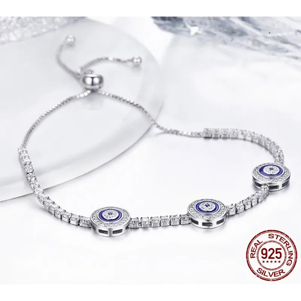 Genuine 925 Sterling Silver Luxury Evil Eye Tennis Bracelet - Blue Cubic Zircon Crystal Accent jewellery SCB002