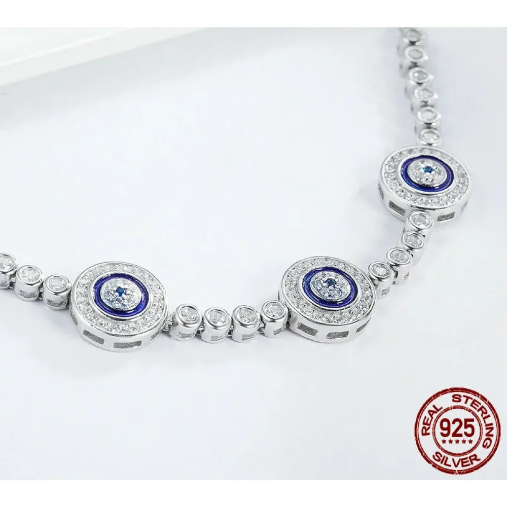 Genuine 925 Sterling Silver Luxury Evil Eye Tennis Bracelet - Blue Cubic Zircon Crystal Accent jewellery SCB002