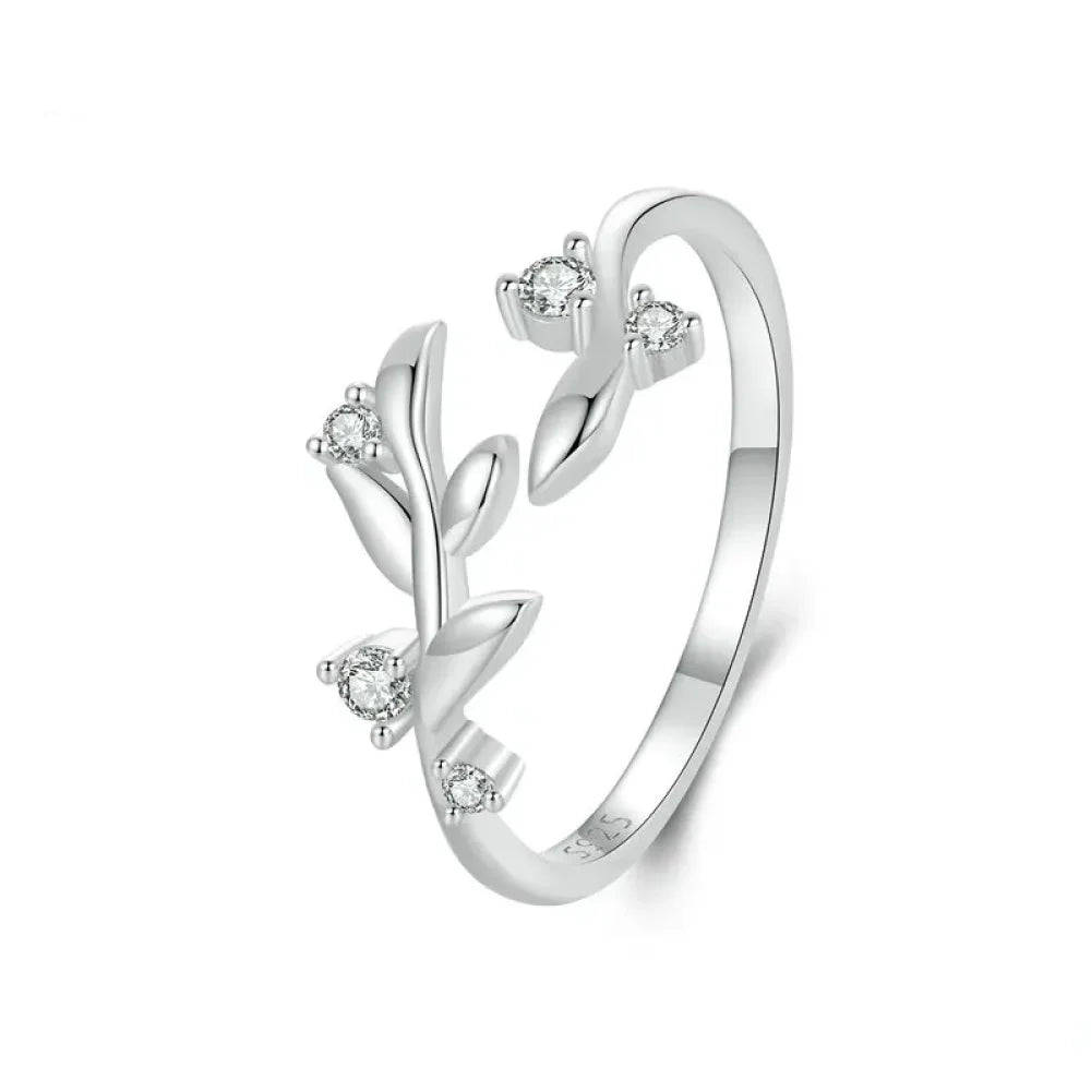 Nature’s Embrace - Sterling Silver Double Leaf Ring with Sparkling Zirconia - Rings