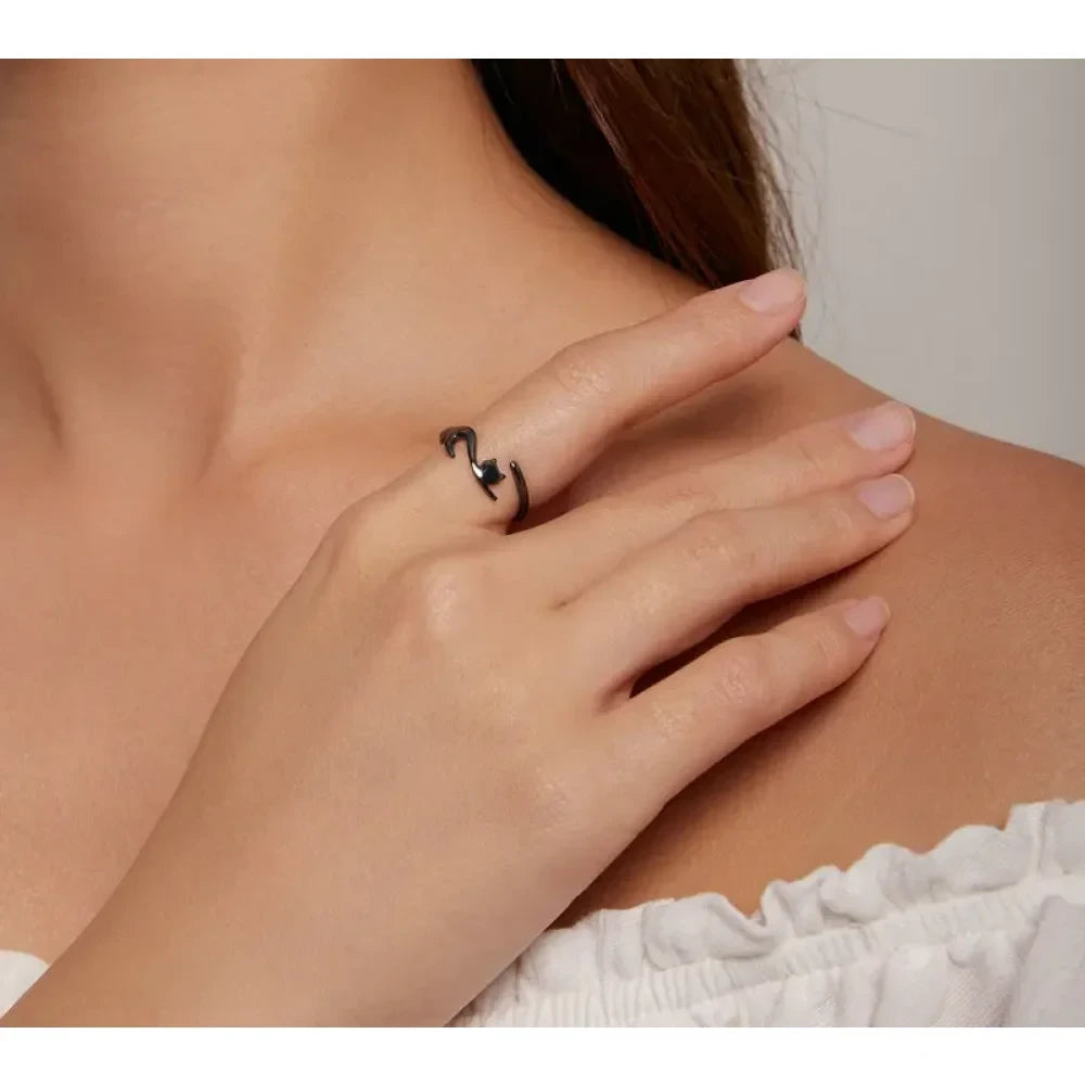Playful Feline: Adjustable Sterling Silver Cat Ring with Long Tail - Rings