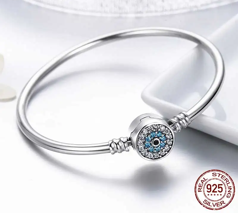 Protective Blue Evil Eye Sterling Silver Bracelet Bangle - Bracelets