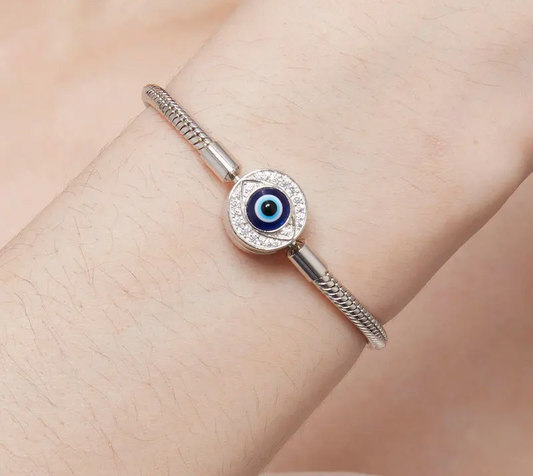 Protective Evil Eye Charm Sterling Silver Snake Chain Bracelet - Bracelets