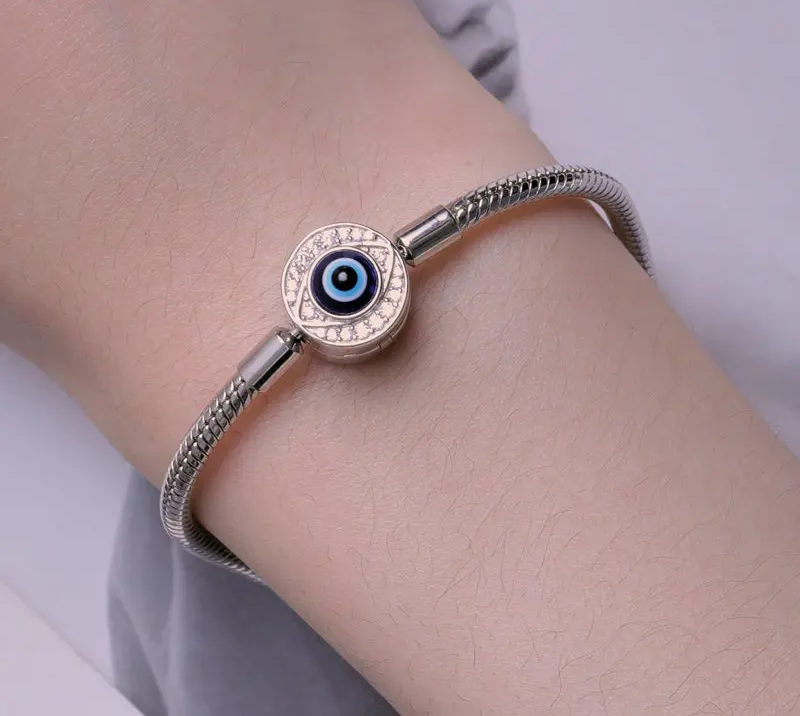 Protective Evil Eye Charm Sterling Silver Snake Chain Bracelet - Bracelets