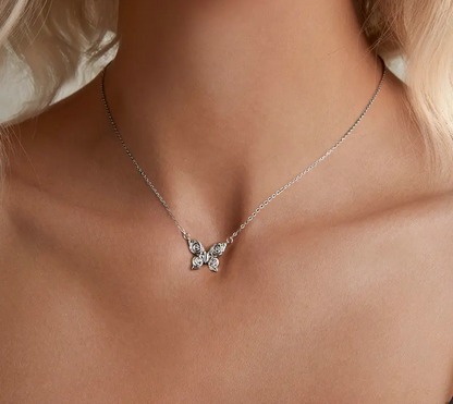 Romantic Elegance: Zircon White Gold Plated Rose Butterfly Sterling Silver Necklace - Necklaces