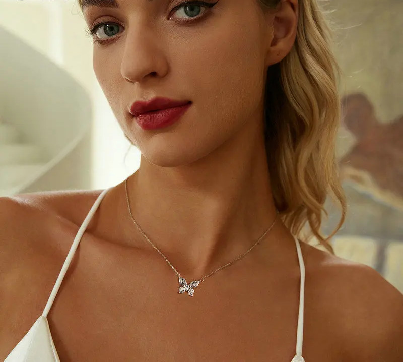 Romantic Elegance: Zircon White Gold Plated Rose Butterfly Sterling Silver Necklace - Necklaces