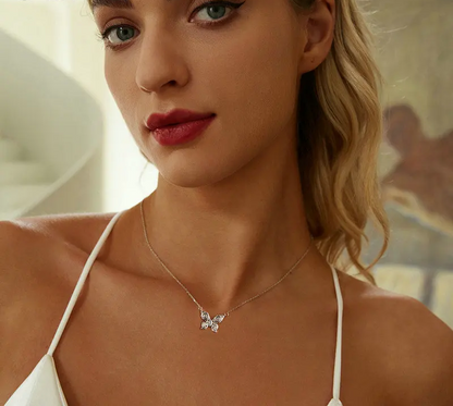Romantic Elegance: Zircon White Gold Plated Rose Butterfly Sterling Silver Necklace - Necklaces